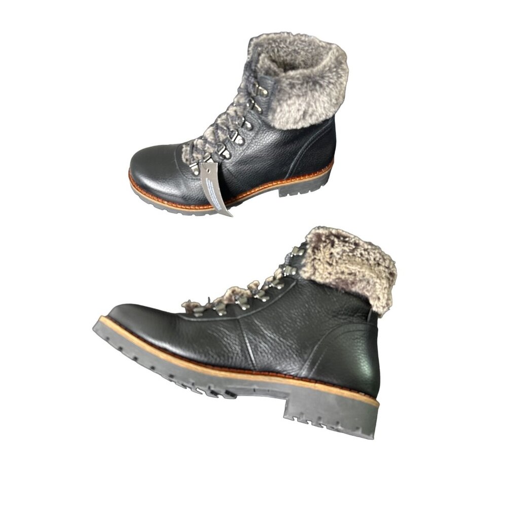 NWT Avellinii Black Leather Boots Faux Fur Lined Winter Lace Up Size 8.5